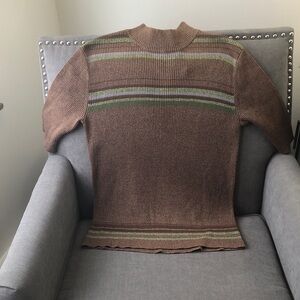 Brown Ribbed Short-Sleeve Crew Sweater with Olive & Gray Stripes